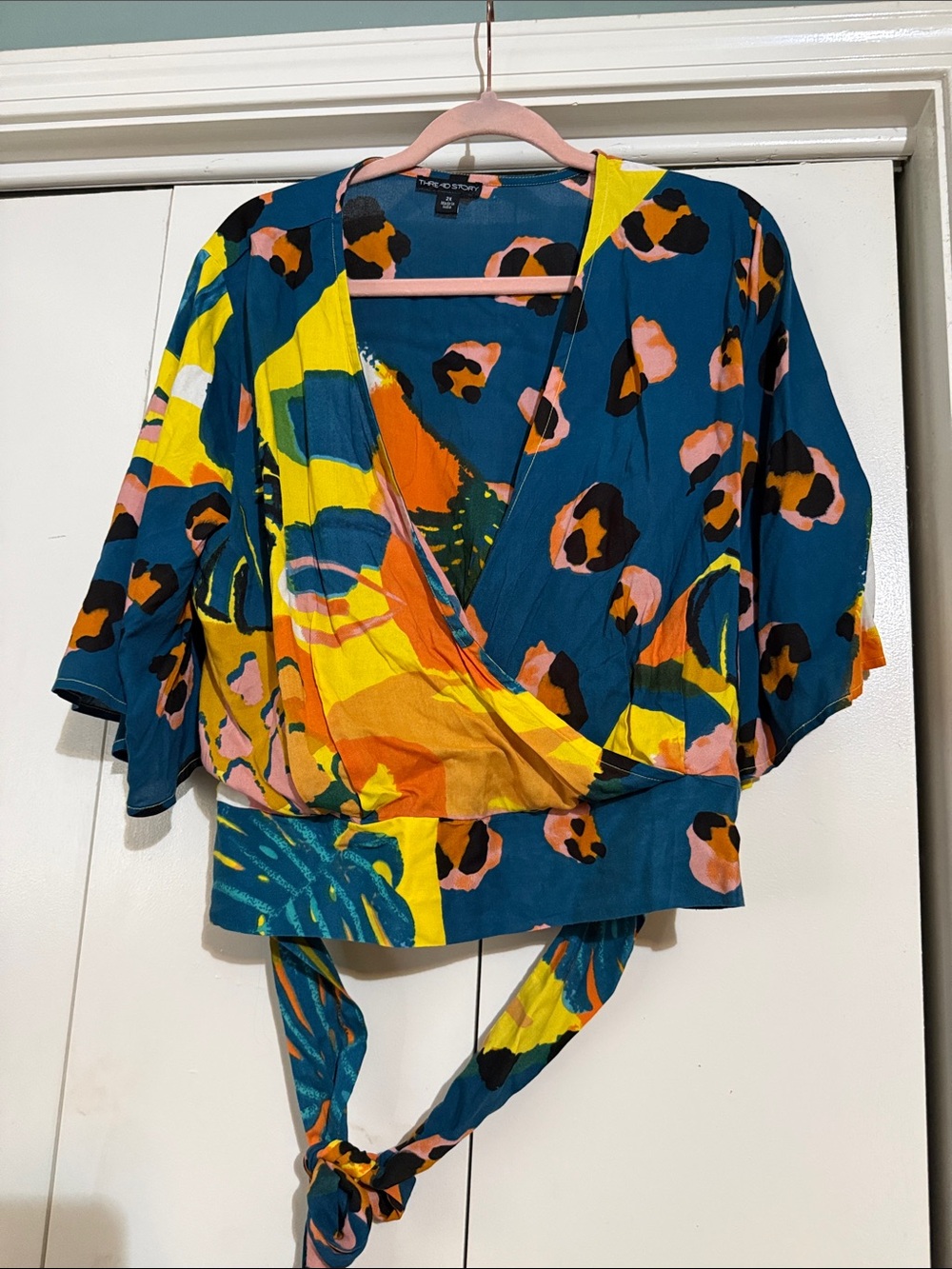 Vibrant Teal & Yellow Floral Top With Wrap